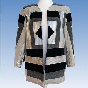 LEATHER Adrienne Landau Silver gray and Black  Geometric Blazer size M